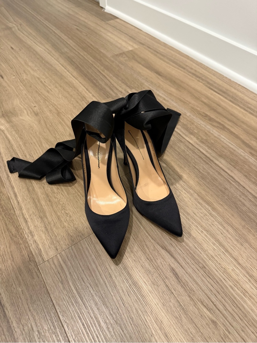 Gianvito Rossi Black Pointed Satin Tie-Ankle Pumps